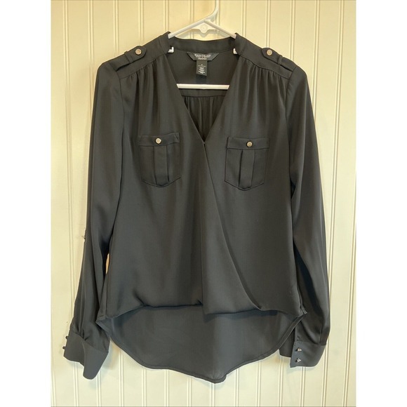 White House Black Market Tops - White House/Black Market Womens Black Surplice Top Roll Tab Sleeve 4 Hi-Low